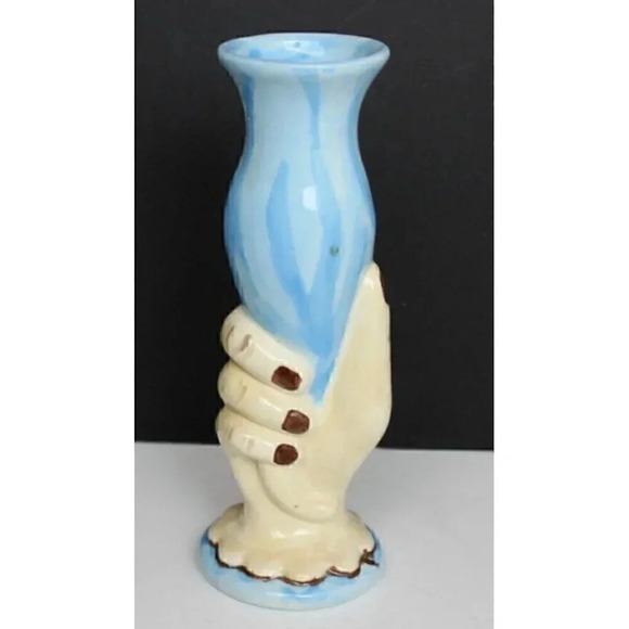 Vtg Pottery Blue Retro Hand Vase Hand Holding Vase Flower Room Decor 8.5" Tall - Picture 3 of 3